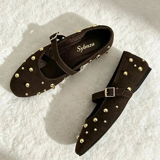 Cool Gold Rivets Design Ballet Flats Women Faux Suede Belt Metal Buckle Low Heel Women Shoes Non-slip Soft Sole Mary Jane Shoes