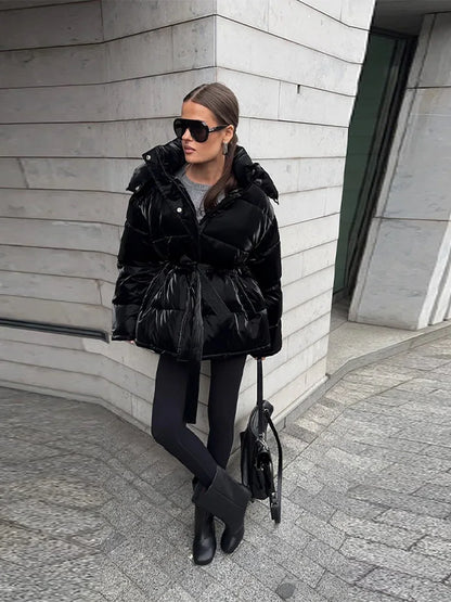 2026 Winter Shiny Hooded Cotton Jacket With Belt Women Elegant Long Sleeve Zipper Lace Up Coats Lady Y2K Street Warm Outerwear