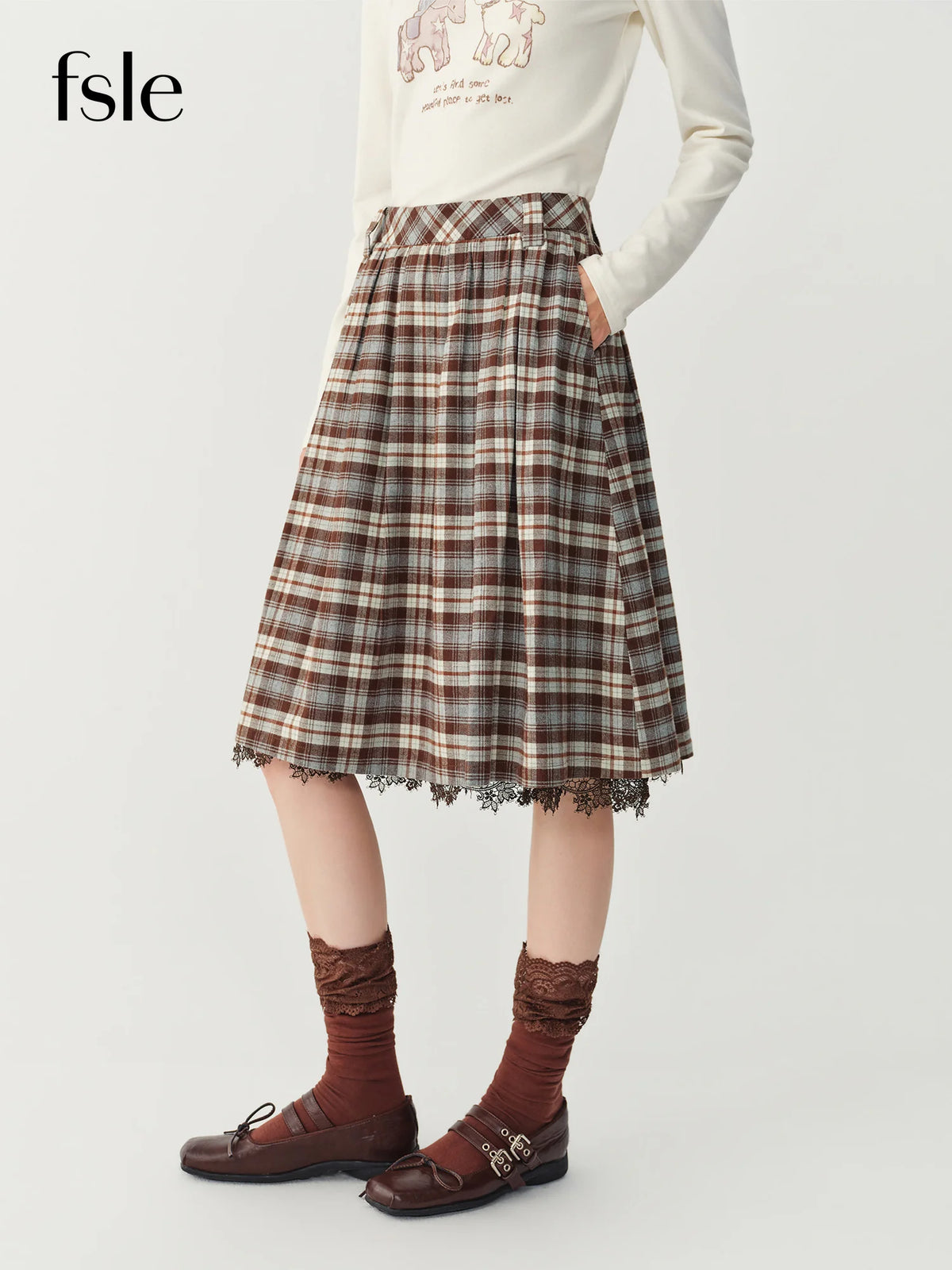 FSLE 2026 Fall Winter Women's Elegant Vintage Lace Preppy Plaid High Waist Flattering A-Line Midi Skirt - Chic for Daily Wear