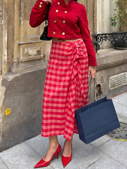 HH Elegant Summer Red Plaid Midi Skirt For Women Chic High Waist Stacked Ruffle Decoration Midi Skirt Female Party Wear