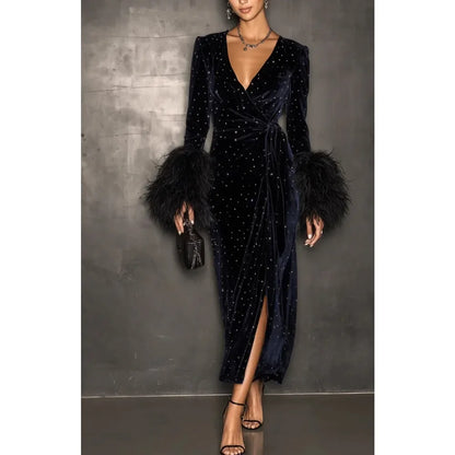 Midnight Velvet Sequin Long Sleeve Midi Dress with Feather Cuffs Elegant Women Autumn Winter New