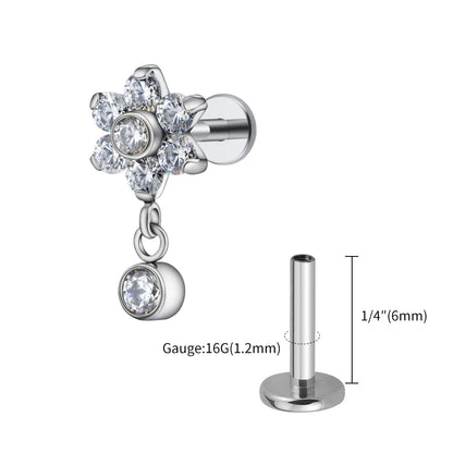 Right Grand ASTM F136 Titanium 16G Flower CZ Drop Dangle Flat Earring Tragus Helix Lobe Stud Piercing Jewelry