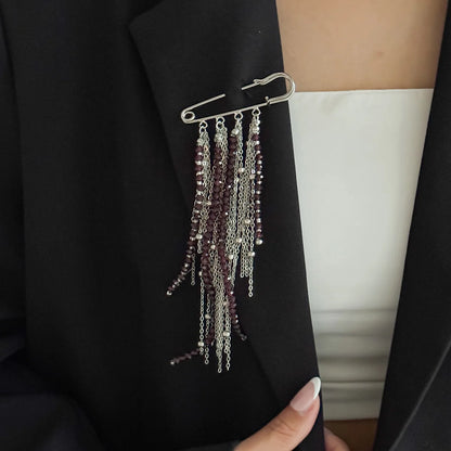 Exaggerated Long Tassel Chain Rice Bead Crystal Women's Brooch Handmade Bead Multi-layer Chain Fixed Needle Clothing Decoration