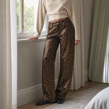 Leopard Print Luster Wide Leg Pants Vintage High Waist Straight Trousers 2026 New Casual Club Daily Street Women's Bottom