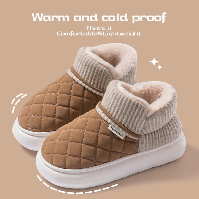 Winter Warm Snow Boots Unisex Thick Platform 4.0CM Quilted Plush Lined Non-Slip Indoor Outdoor Casual Cotton Shoes