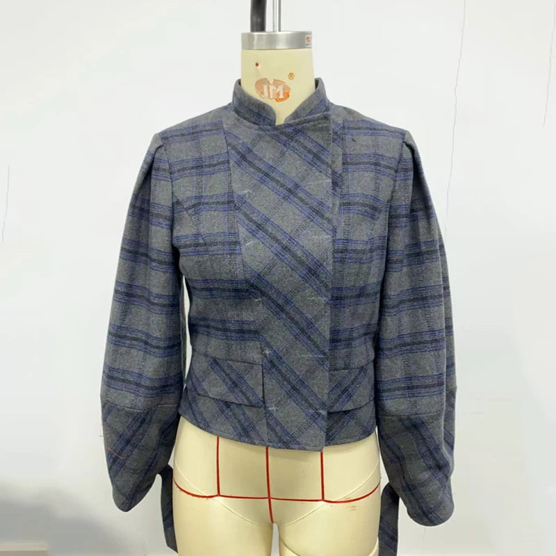 Women Vintage Plaid Office Party 2 Piece Sets Stand Collar Double Breasted Bubble Sleeves Jacket & High Waisted Midi Skirt Suits