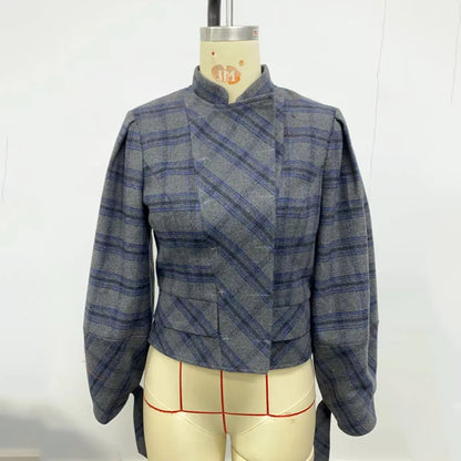 Women Vintage Plaid Office Party 2 Piece Sets Stand Collar Double Breasted Bubble Sleeves Jacket & High Waisted Midi Skirt Suits