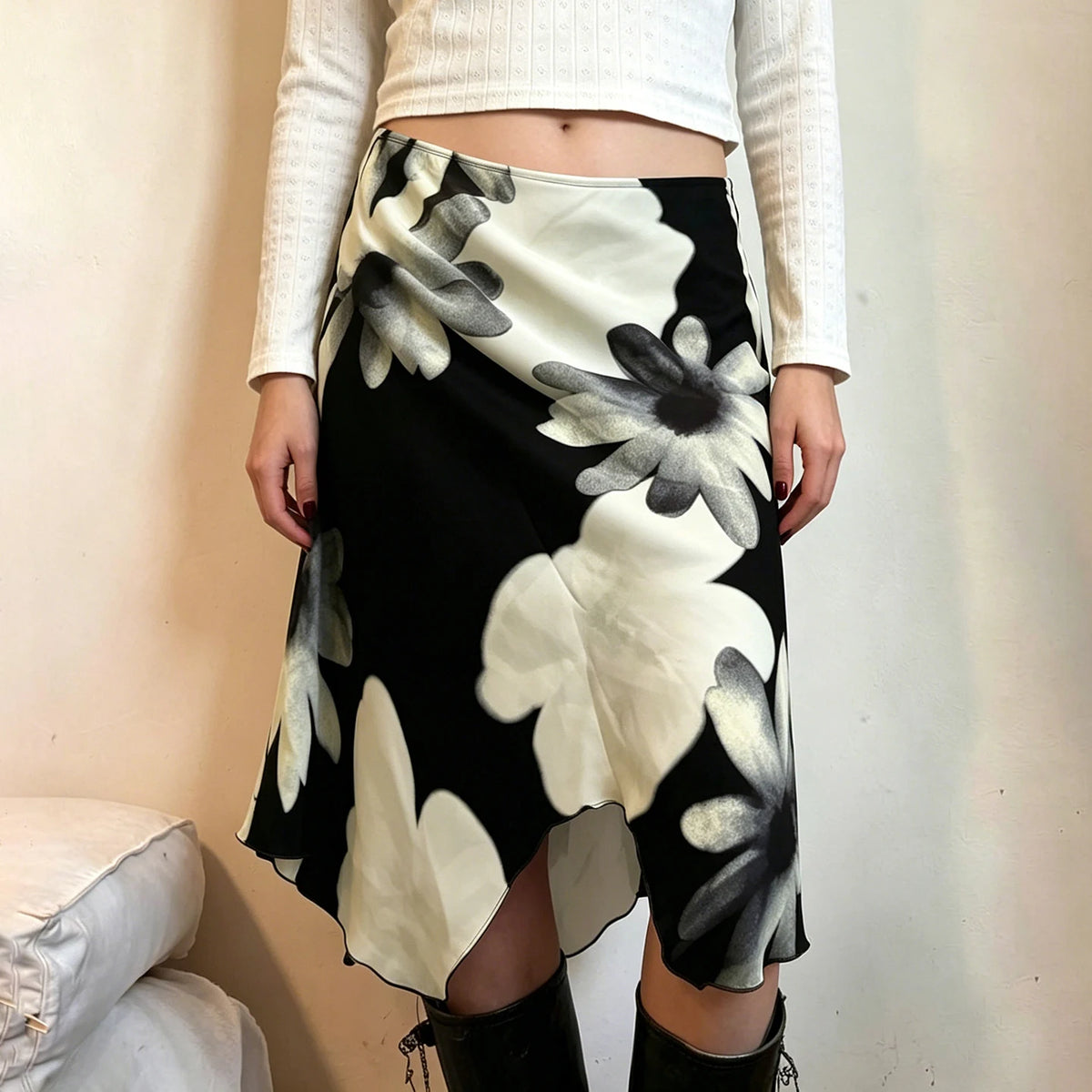 SUCHCUTE Y2K Floral Print Mesh Asymmetrical Skirt Woman Low Rise Midi A-line Skirts Aestheics 2000s Clothing Summer Outfit 2026