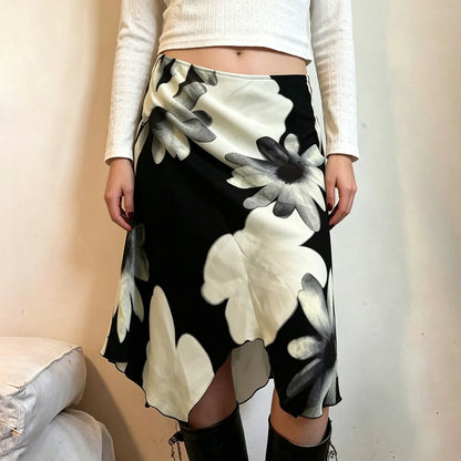 SUCHCUTE Y2K Floral Print Mesh Asymmetrical Skirt Woman Low Rise Midi A-line Skirts Aestheics 2000s Clothing Summer Outfit 2026