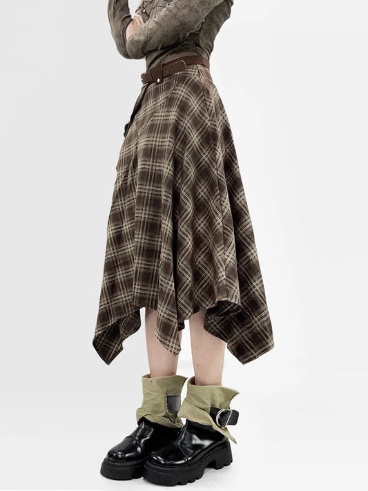 REDDACHiC Off Shoulder T-shirt Skirt Women Set Long Sleeve Top Irregular Ruffle Belted Midi Long Plaid Skirt Alt Vintage Clothes