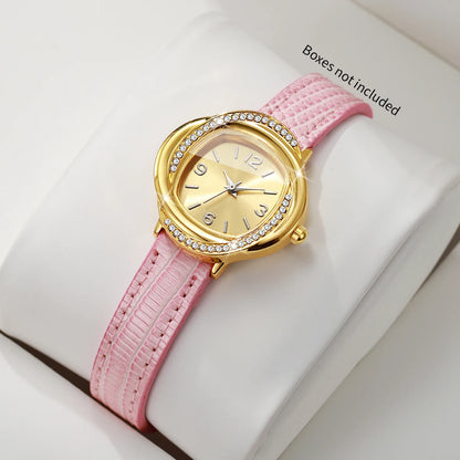 Elegant Rhinestone Golden Dial Women Quartz Watch Leather Strap Ladies Dress Wristwatches Clock Relogio Feminino (Without Box)