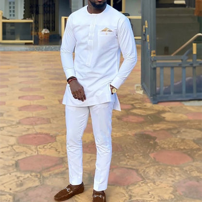2025 African Men Dashiki Long Sleeve 2 Piece Set Traditional Outfit Africa Clothing White Men's Suit Male Shirt Pants Suits