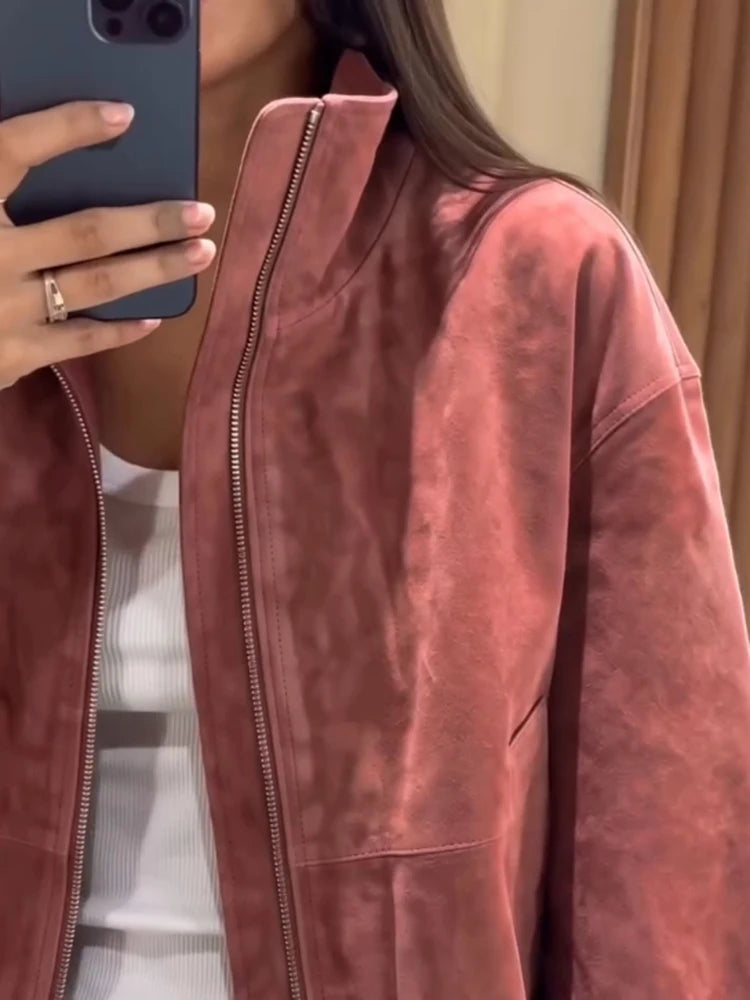 Women Dusty Faux Suede Bomber Jacket Stand Collar Zip Up Loose Drop Shoulder Elastic Hem Casual Fall Outerwear 2026 Fashion Coat