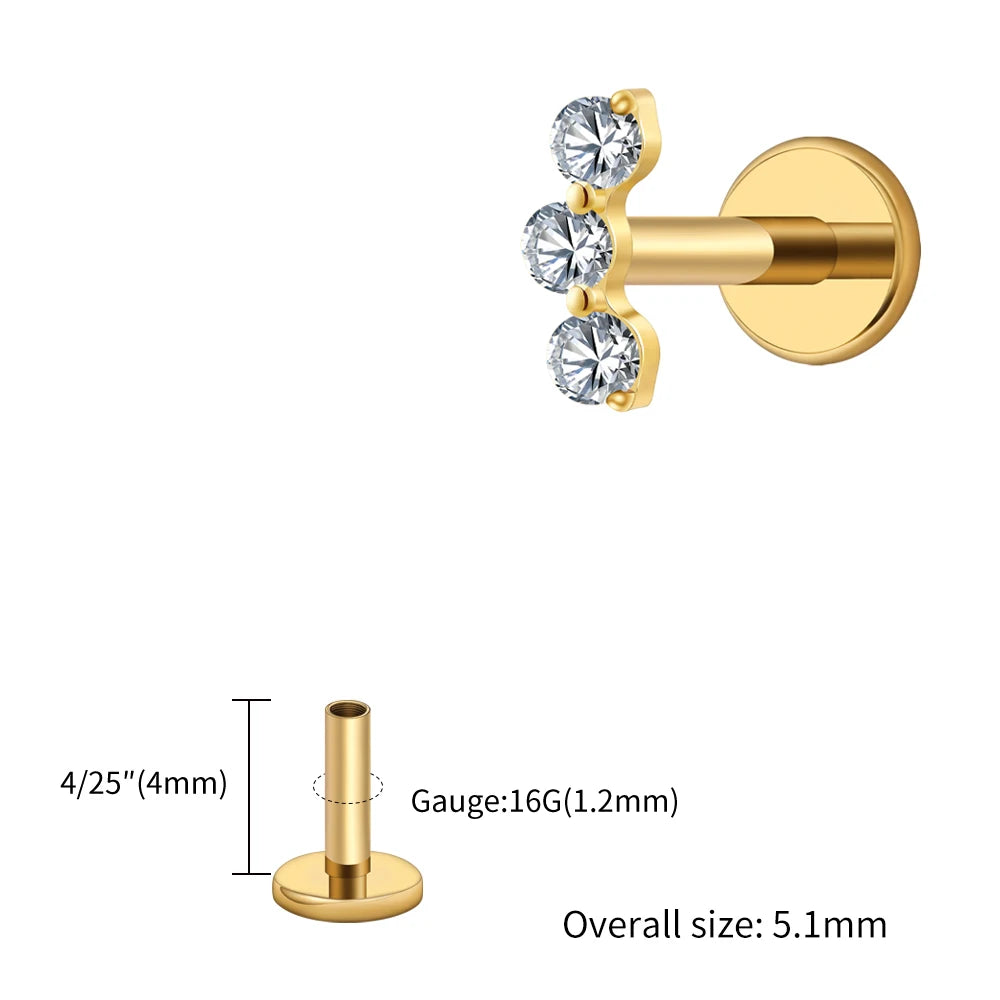 Right Grand ASTM F136 Titanium Triple CZ Helix Tragus Flat Back Earring 16G Dainty Ear Climber Cartilage Stud Piercing Jewelry