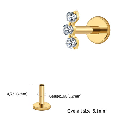 Right Grand ASTM F136 Titanium Triple CZ Helix Tragus Flat Back Earring 16G Dainty Ear Climber Cartilage Stud Piercing Jewelry