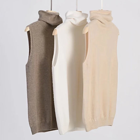 Women 100% Merino Wool Sleeveless Pullovers Turtleneck Sweater Waistcoat Wool Knitwear Spring/Autumn/Winter Fashion Vest Tops