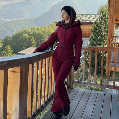 Cotton Padded Zipper Hooded Jumpsuits Skiwear Parka Women Belts Long Sleeve Straight Jacket Winter Outdoor One-Piece Overalls