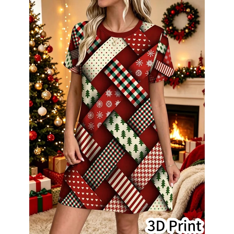 3D Fun Santa Claus Printed New Year Party Dress Women's Short Sleeve Round Leader Casual Loose Mini Dress Vestidos De Mujer