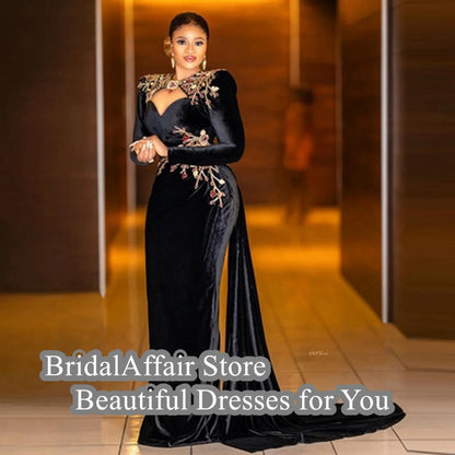 Vintage Black Velour Mermaid Evening Dresses Pretty Appliques Flowers Beaded Aso Ebi Formal Party Gown With Train Cocktail Dress