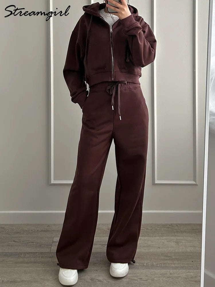 Women Tracksuits Winter Fleece Sweatsuit Brown Warm Crop Zipper Hoodies And Sweatpants Set For Women 2 Piece Velvet Pants Sets