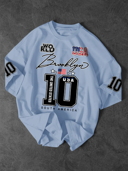 Men's & Women's USA Brooklyn 10 Varsity Graphic T-Shirt American Flag Print Y2K Streetwear Oversized Crew Neck Tee
