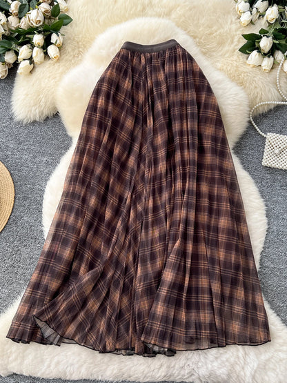 High Waist A-Line Midi Skirt Women's Plaid Elastic Waist Slimming Skirts Commute Korean Style Standard Fit Polyester Fiber