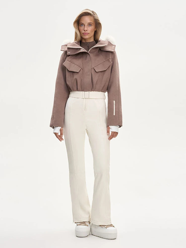 Women's Fashion Ski Suit Hooded Full Sleeve Jacket White High-Waisted Flared Pants Set 2025 Female Fashion Ski Sport Outerwear