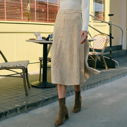  FairyShely Vintage Pleated Plaid Long Skirt Women 2026 Autumn Winter Woolen Skirt Mixed Tweed Flared Skirt for Women
