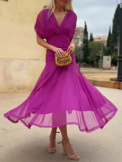 Women Solid Deep V-neck Mesh Long Dress Elegant Puff Short Sleeve Ruched Waist High Vestidos 2026 Summer Lady Casual Street Robe