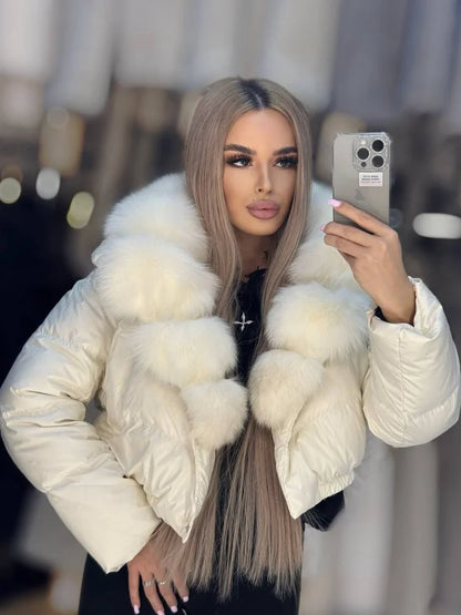 Women Cropped Puffer Jacket Long Sleeve Big Faux Fur Collar Snap Button Warm Winter Outerwear Fashion Casual Party Short Coat