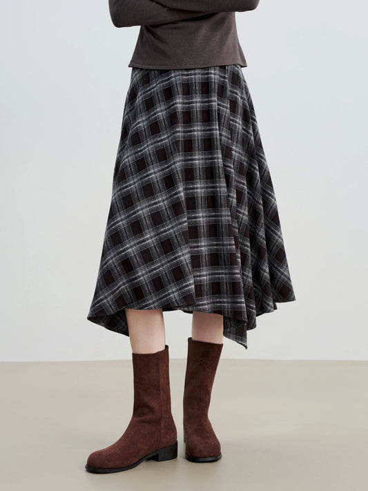ZIQIAO 2025 Women's Retro Plaid A-Line Skirt - High Waist Flared Swing Midi Skirt with Pleated Detail for Office Casual