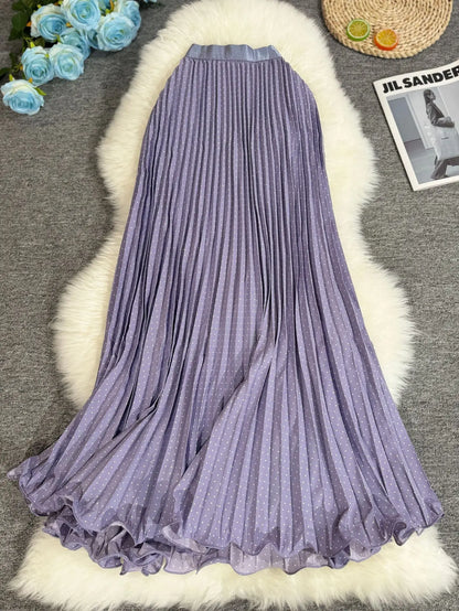 Polka Dot Print High Elegant A-line Pleated Long Skirt For Women 2025 Spring autumn Office Lady Casual Leopard Skirts