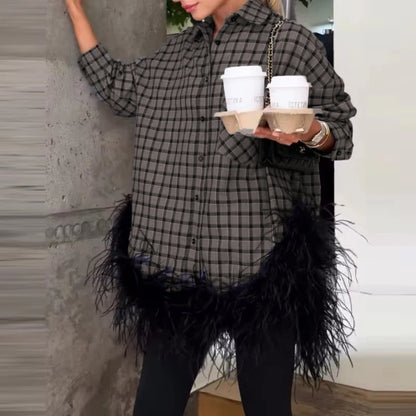 Fashion Lapel Long Sleeve Loose Blouse Elegant Lady Button Casual Tops High Street Commute Style Grid Printed Feather Hem Shirts