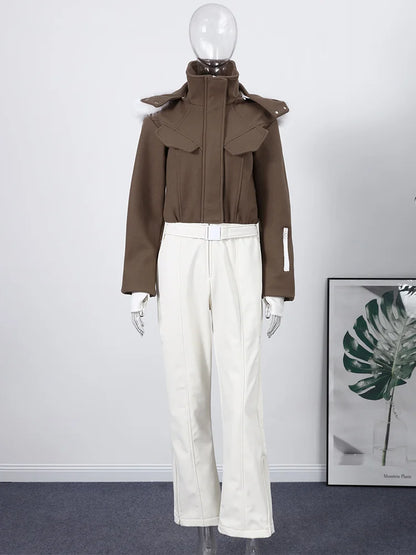 Fur Trim Hooded Flap Pocket Wool-Blend Ski Jumpsuit Patchwork Full Length 2025 Winter Fashion New Causal Warm Women Skiwear Set