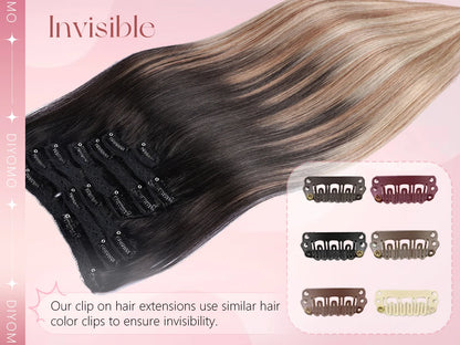 Natural Black Straight Human Hair Extensions Set of 7 PU Clip-In Invisible Wefts 116g Lightweight for Women Hairdressing