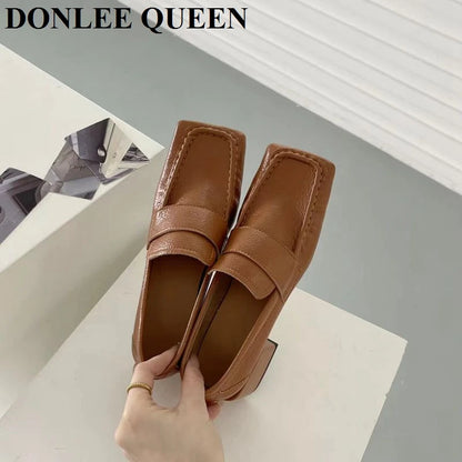 Women Casual Loafers Simple Style Square Toe Low Heels Pumps Fashion British Moccasin Female Slip On Shoes For Party Dress Mujer