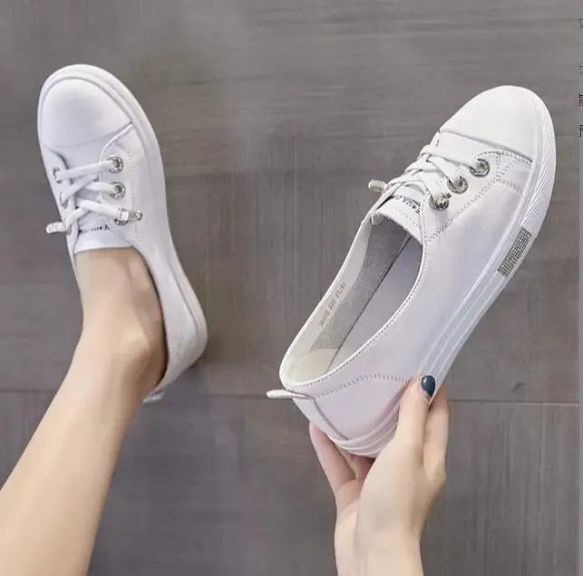 Genuine Leather Casual Sneakers for Women Spring Summer Lace Up Flats Girls Loafers Shoes Ladies Vulcanized Shoes White