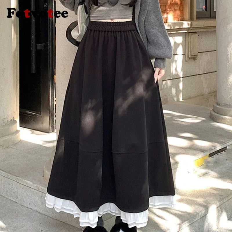 FOTVOTEE Japanese Autumn Woolen Midi Skirt for Women Elastic High Waist Ruffle Hem A Line Skirts Women Loose Draped Casual Skirt