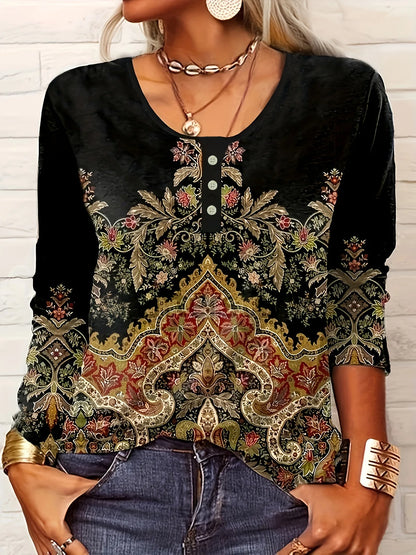 Women Long-Sleeved O-Neck Shirt Fashion Printed Casual Blouses 2025 New Spring Autumn Vintage Ethnic Style Femme Tops Plus Size