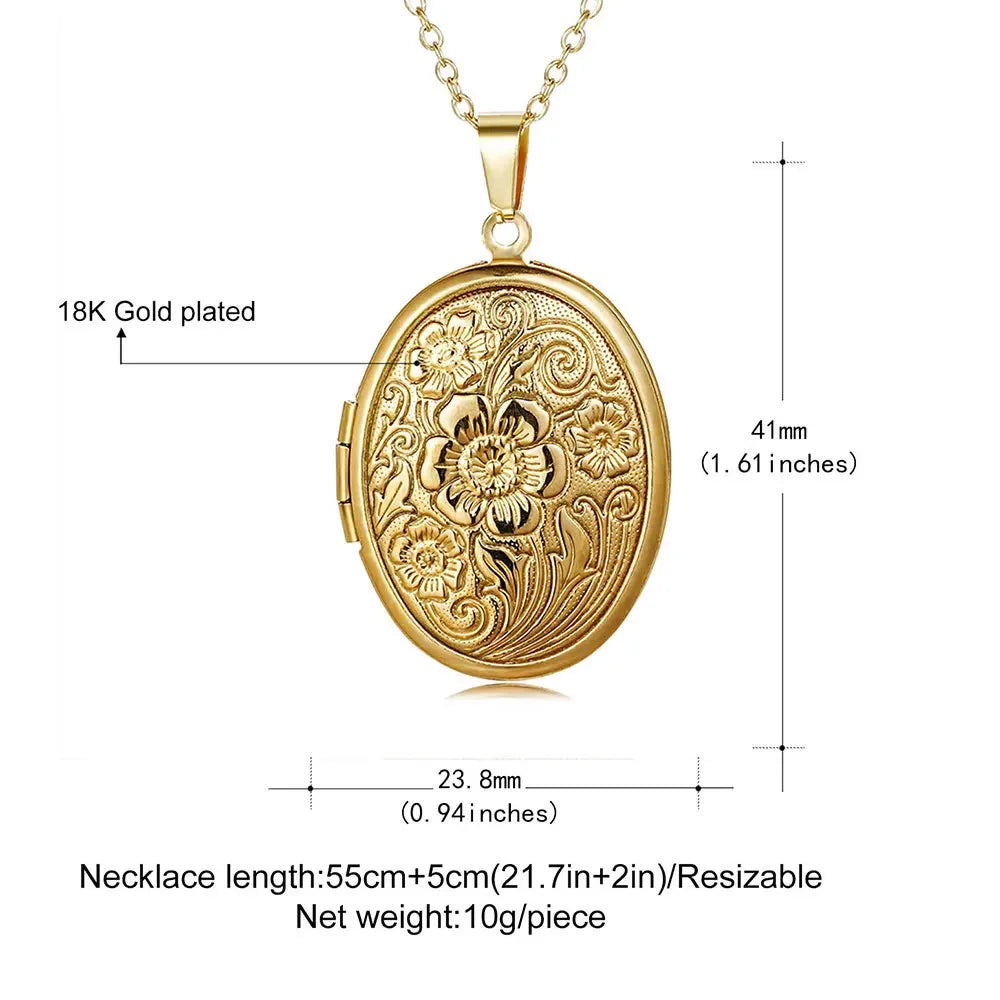 Custom 1/2 Photo Necklace Delicate Floral Oval Locket Pendant for Women Personalized Picture Gold Plated Stainless Steel Pendant