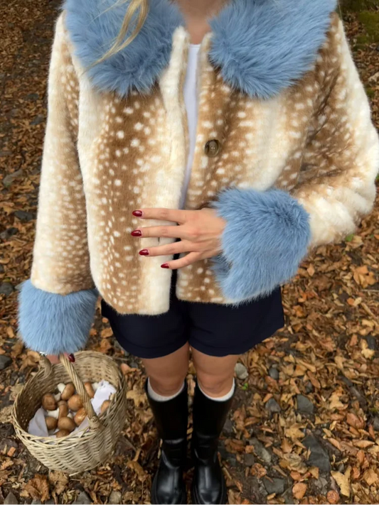Deer Print Faux Fur Blue Collar Cuff Button Cropped Jackets Chic Long Sleeve Warm Coats 2026 Autumn Daily Street Chic Outerwear