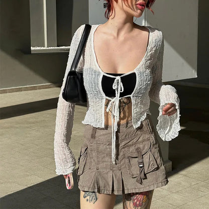 Gothic Lace Up Sexy Blouses Grunge Y2k Fairycore Long Sleeve T-shirts Female Transprent Skinny Fashion Tops