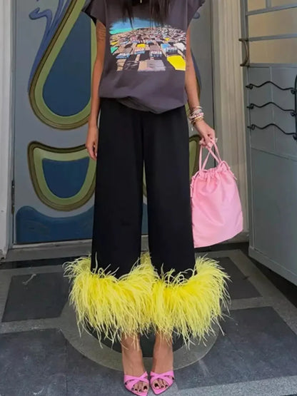 Women High Waist Straight Leg Long Pants Bright Feather Fuzzy Hem Decor Wide Trousers 2026 Fashion Causal Chic Party Bottoms
