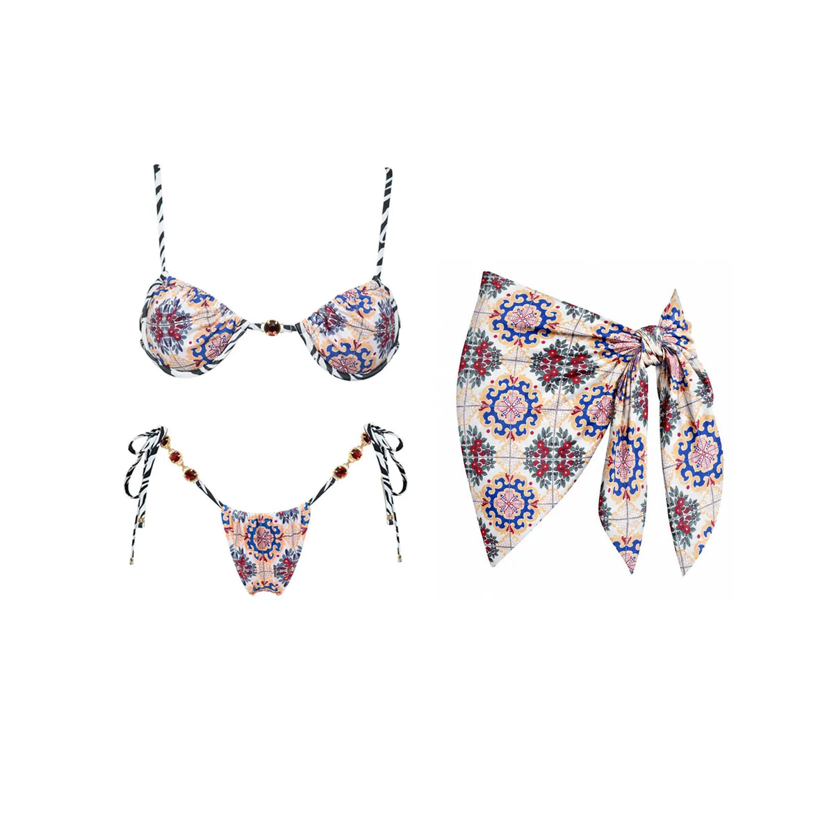 Push Up 2026 New Retro Prints 3 Pieces Bikinis Sets With Mesh Pants Beachwear Sexy Women's Swimsuit Cover-ups Strappy Beach Wear