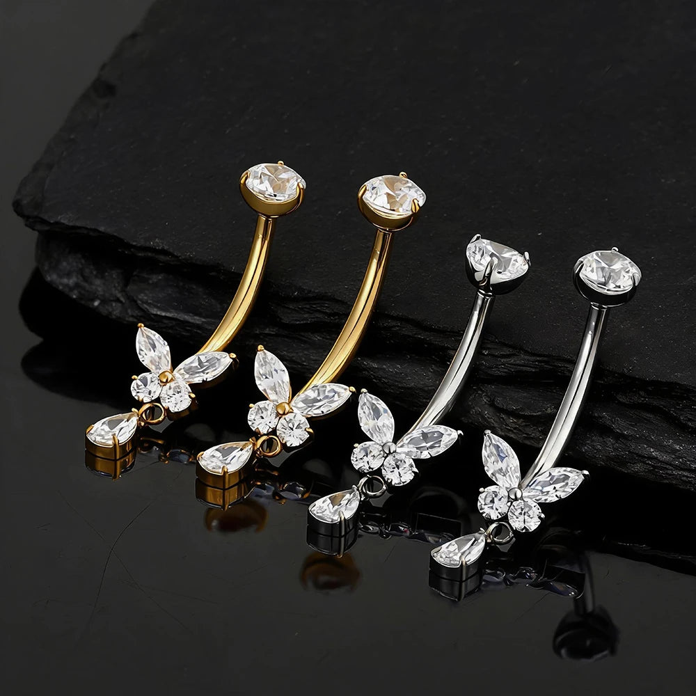 Right Grand ASTM F136 Titanium Butterfly CZ Dangle Belly Button Ring 14G Teardrop Drop Navel Curved Barbell Piercing Jewelry