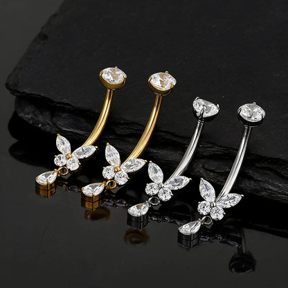 Right Grand ASTM F136 Titanium Butterfly CZ Dangle Belly Button Ring 14G Teardrop Drop Navel Curved Barbell Piercing Jewelry