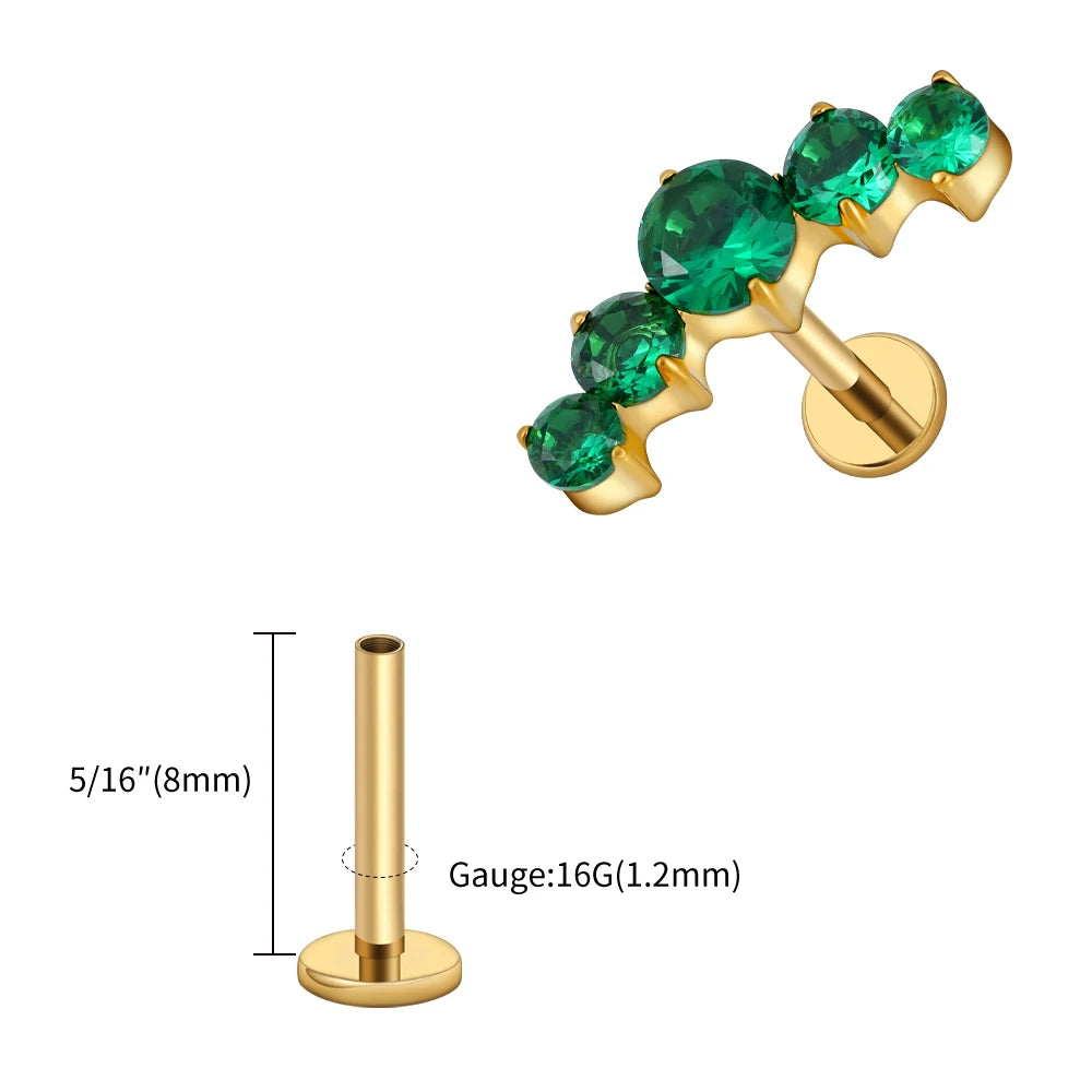 Right Grand ASTM F136 Titanium 16G CZ Cluster Flat Back Labret Stud Curved CZ Bar Climber Earring Helix Cartilage Stud Piercing