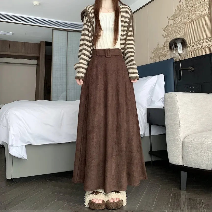 Qiukichonson Mid Long Skirts Womens Suede Skirt 2026 Autumn Winter Korea Vintage High Waist Ruffle Pleated Skirts Maxi With Belt