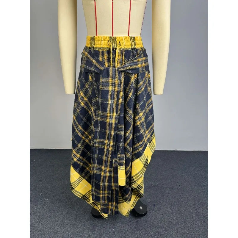 2026 Summer Women Plaid Midi Skirt High Waist Elastic Waist Tie Wrap Irregular Asymmetrical A-line Skirt Vintage Tartan Skirt