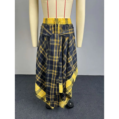 2026 Summer Women Plaid Midi Skirt High Waist Elastic Waist Tie Wrap Irregular Asymmetrical A-line Skirt Vintage Tartan Skirt